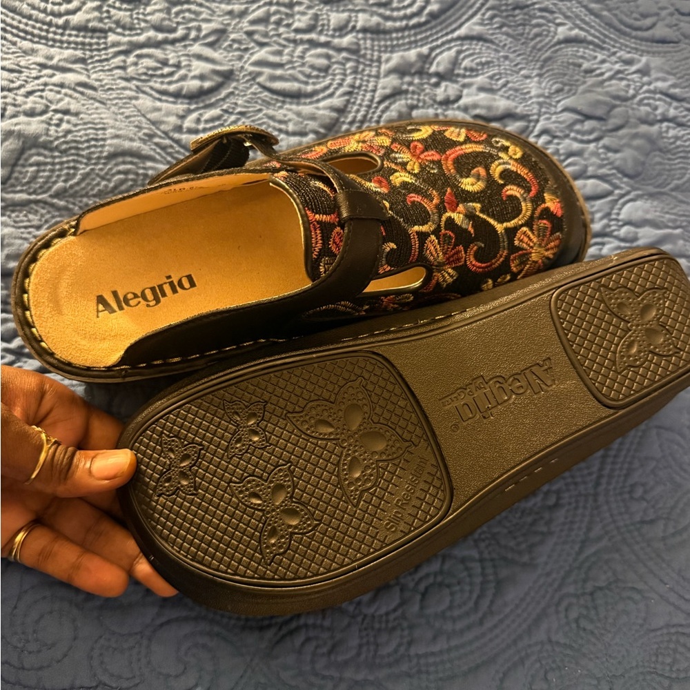 Alegria Black Slip-On Clog with Pink, Yellow and Orange Floral Embroidery